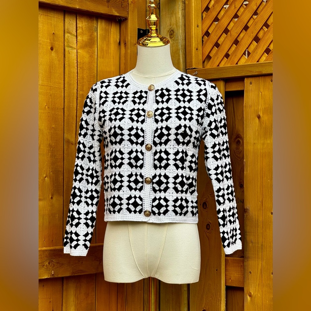 🆕 FARM Rio 🧿 NWT Patch Crochet Black & White Monochrome Button Up Jacket, Sz S - Picture 3 of 16